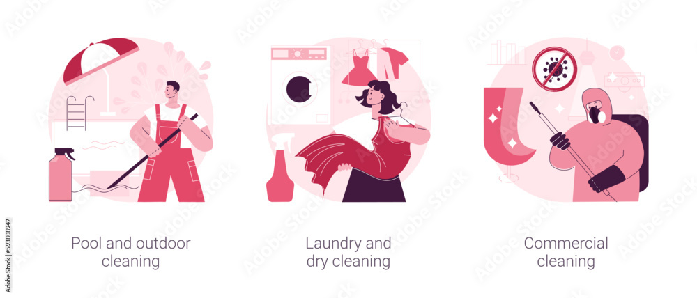 Laundry and cleaning facilities abstract concept vector illustration set. Pool and outdoor cleanup, laundry and dry cleaning, office maintenance, power washing, patio polishing abstract metaphor.