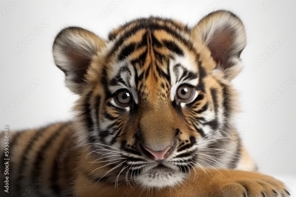Fototapeta premium cute baby tiger resting on a white background. Generative AI