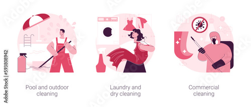 Fototapeta Naklejka Na Ścianę i Meble -  Laundry and cleaning facilities abstract concept vector illustration set. Pool and outdoor cleanup, laundry and dry cleaning, office maintenance, power washing, patio polishing abstract metaphor.