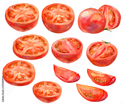 An image of tomatoes cut variously  digitally generated from a watercolor painting