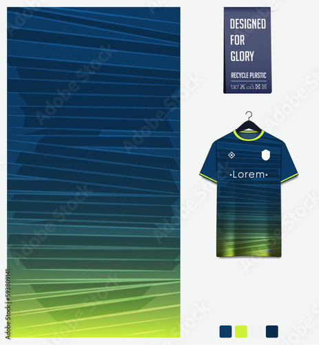 Soccer jersey pattern design. Stripes pattern on blue background for soccer kit, football kit, sports uniform. T shirt mockup template. Fabric pattern. Abstract background. 