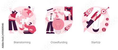 Business venture abstract concept vector illustration set. Brainstorming and teamwork, crowdfunding and crowdsourcing project, startup launch, fundraising platform, collaboration abstract metaphor.