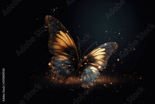 Magic night butterfly colorful gold glitter golden dust nature fantasy background, mystical insect, generative AI © Kien