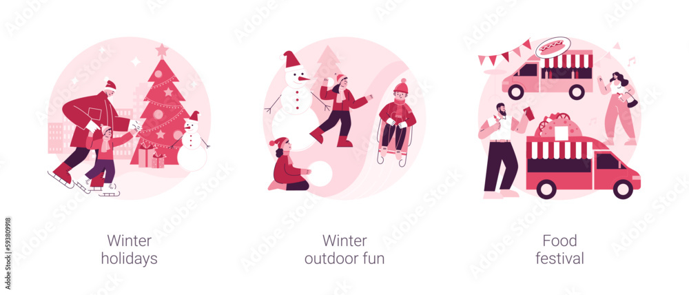 Family time outdoors abstract concept vector illustration set. Winter holidays, outdoor fun, food festival, Christmas eve, new year celebration, building a snowman, snowball fight abstract metaphor.