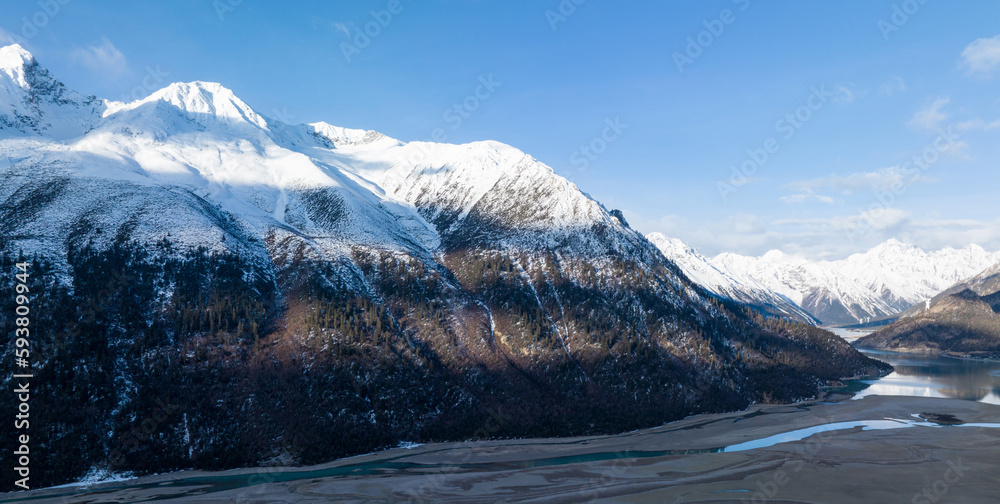 Aerial view of beautiful snow mountains and lake in Tibet,China Aerial view of beautiful snow mountains and lake in Tibet,China
