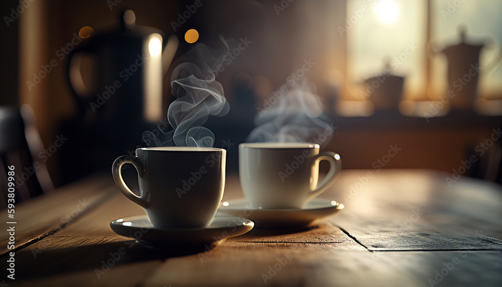 Coffee cups on wooden table in room with morning light from a window. Generative AI Coffee cups on wooden table in room with morning light from a window. Generative AI