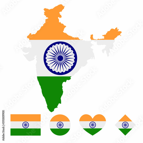 Vector of India map flag with flag set isolated on white background. Collection of  flag icons with square, circle, love, heart, and rectangle shapes.