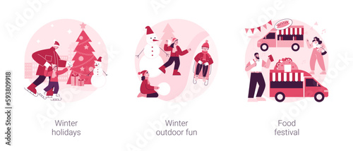Family time outdoors abstract concept vector illustration set. Winter holidays, outdoor fun, food festival, Christmas eve, new year celebration, building a snowman, snowball fight abstract metaphor.