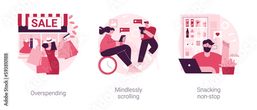 Addictive habits abstract concept vector illustration set. Overspending, mindlessly scrolling, snacking non-stop, social media addiction, diet and nutrition, junk food abstract metaphor.