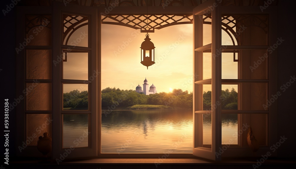 image of a window with a view of a peaceful lake or river, with a mosque on its banks to celebrate Eid al-Fitr. Generative ai