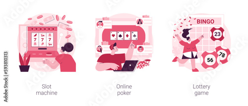 Gambling club abstract concept vector illustration set. Slot machine, online poker, lottery game, online casino, TV show, jackpot win, download application, lucky raffle ticket abstract metaphor.