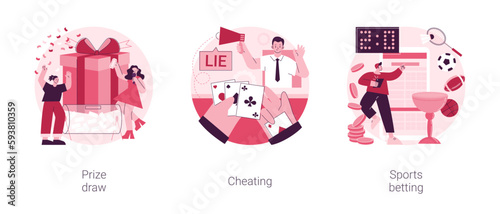 Online gambling abstract concept vector illustration set. Prize draw, cheating, sports betting, big prize winner, computer games, mobile app, promotional marketing, casino abstract metaphor.