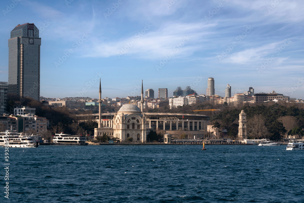 View of the European part of Istanbul in the Besiktas area and the Sultan Bezmialem Valide Mosque (Dolmabahce Mosque) from the Bosphorus, Istanbul, Turkey View of the European part of Istanbul in the Besiktas area and the Sultan Bezmialem Valide Mosque (Dolmabahce Mosque) from the Bosphorus, Istanbul, Turkey