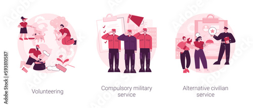 Community service abstract concept vector illustration set. Volunteering and compulsory military and alternative civilian service, mandatory work, non-profit social organization abstract metaphor.