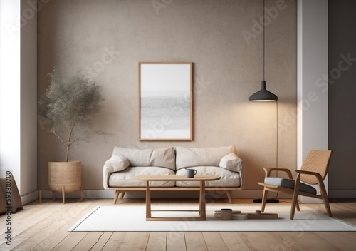 Mockup poster frame on the wall of living room. Modern Japanese style. Modern interior design. 3D render, 3D illustration.