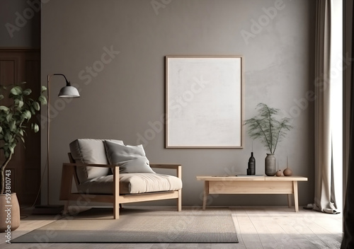 Mockup poster frame on the wall of living room. Modern Japanese style. Modern interior design. 3D render, 3D illustration.
