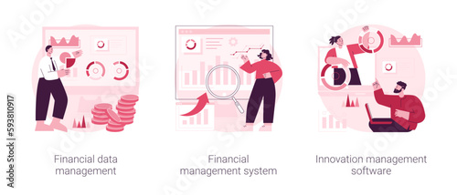 Business development abstract concept vector illustration set. Financial data management, innovation collaboration software, corporate budget planning, data report, risk management abstract metaphor.