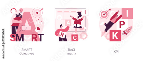 Success measurement abstract concept vector illustration set. SMART objectives, RACI matrix, KPI relevant strategy, responsibility chart, project management, company growth abstract metaphor.