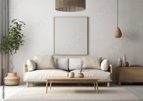 Mockup poster frame on the wall of living room. Modern Japanese style. Modern interior design. 3D render, 3D illustration.