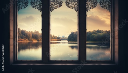 image of a window with a view of a peaceful lake or river, with a mosque on its banks to celebrate Eid al-Fitr. Generative ai © Nob