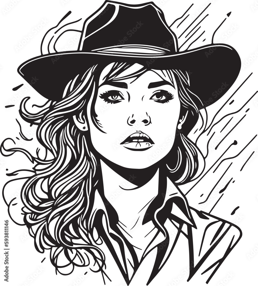 Gorgeous monochrome cowboy woman portrait great vector Gorgeous monochrome cowboy woman portrait great vector
