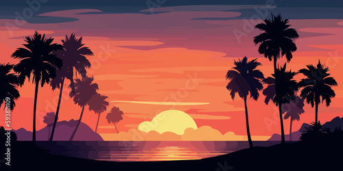 Artistic flat design of tropical beach sunset scene © Fernando