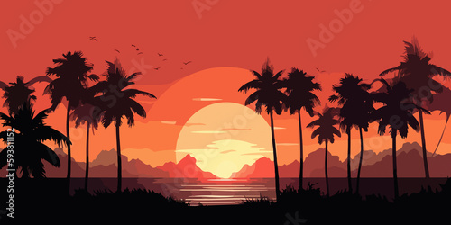 Artistic flat design of tropical beach sunset scene