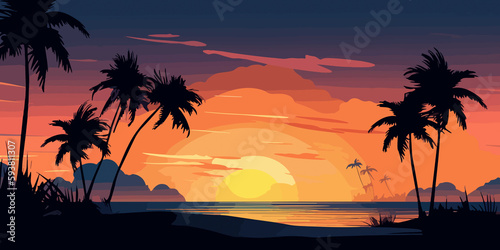Hand drawn flat illustration of a beach sunset with palm silhouettes background, concept background © Fernando