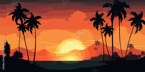 Palm silhouettes against beach sunset in flat illustration