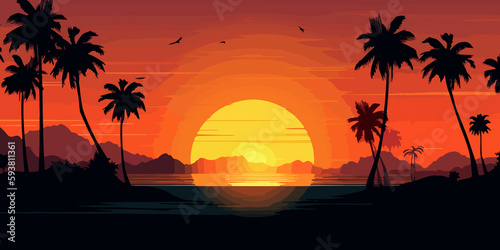 Palm silhouettes against beach sunset in flat illustration