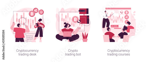 Digital tokens abstract concept vector illustration set. Cryptocurrency trading desk, crypto trading bot, trading courses, bitcoin futures, financial technology, blockchain ICO abstract metaphor.