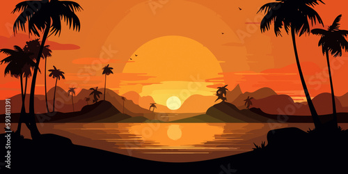 Palm silhouettes against beach sunset in flat illustration © Fernando