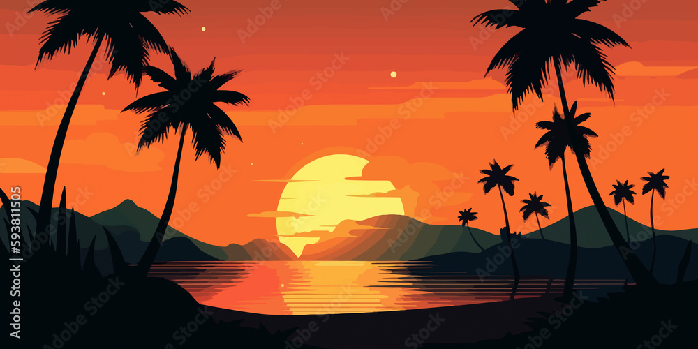 Sunset beach landscape in hand drawn flat style