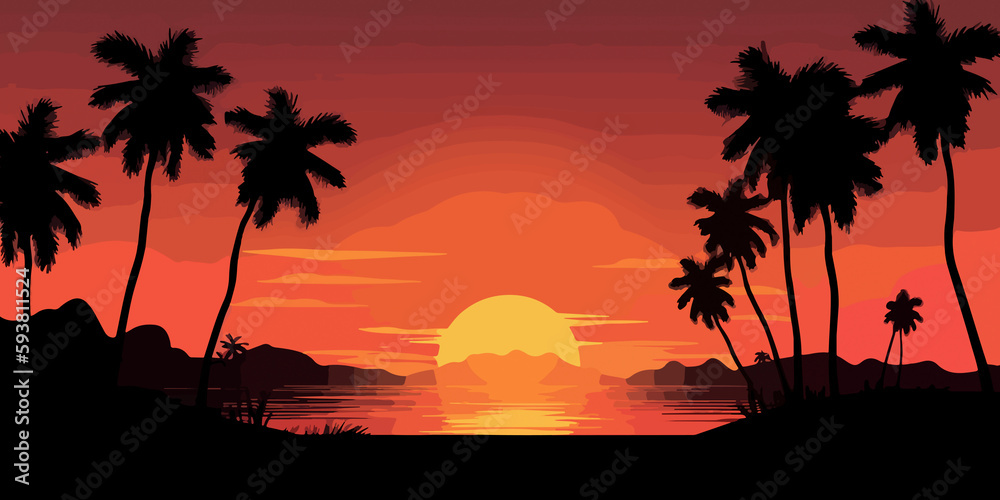 Hand drawn flat illustration of a beach sunset with palm silhouettes background, concept background