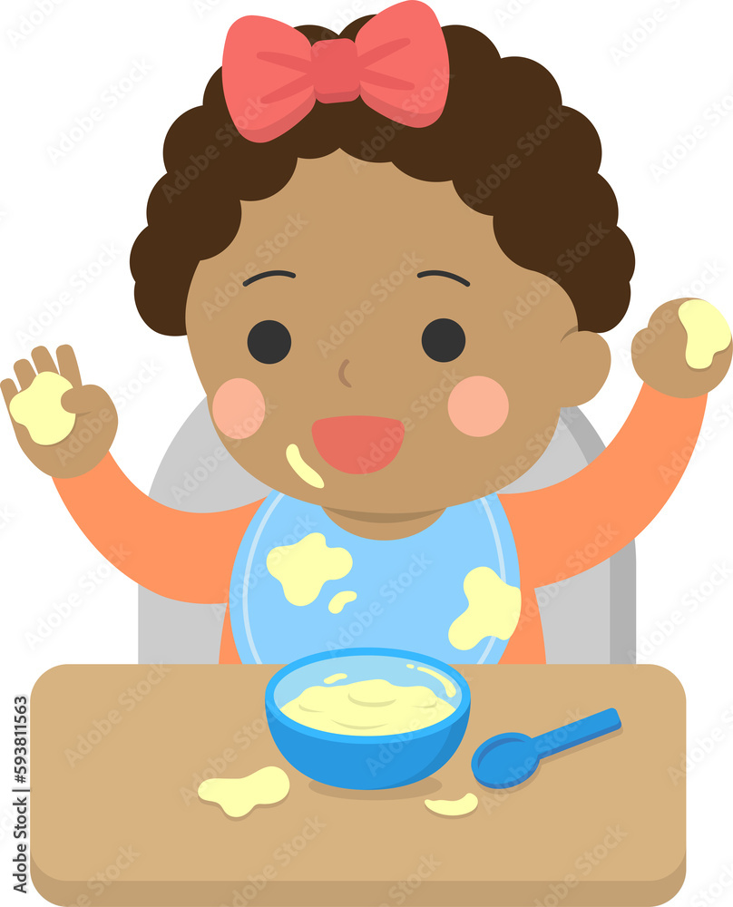 Baby grabbing puree, milk cereal or fruit puree with hands, vector illustration Baby grabbing puree, milk cereal or fruit puree with hands, vector illustration