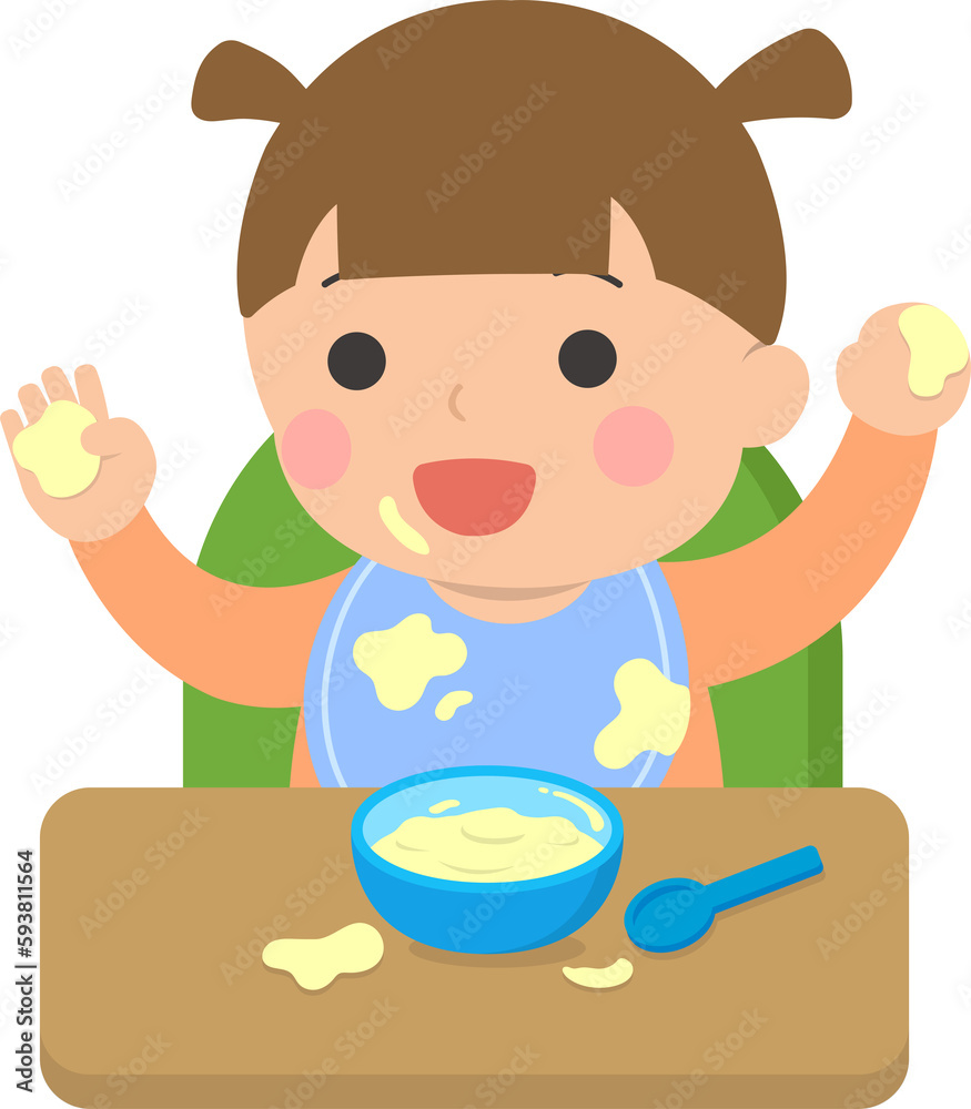 Baby grabbing puree, milk cereal or fruit puree with hands, vector illustration Baby grabbing puree, milk cereal or fruit puree with hands, vector illustration