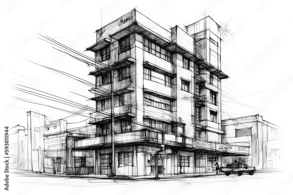 monochrome sketch of an urban structure. Generative AI