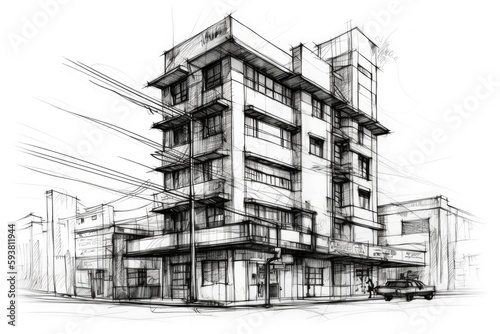 monochrome sketch of an urban structure. Generative AI