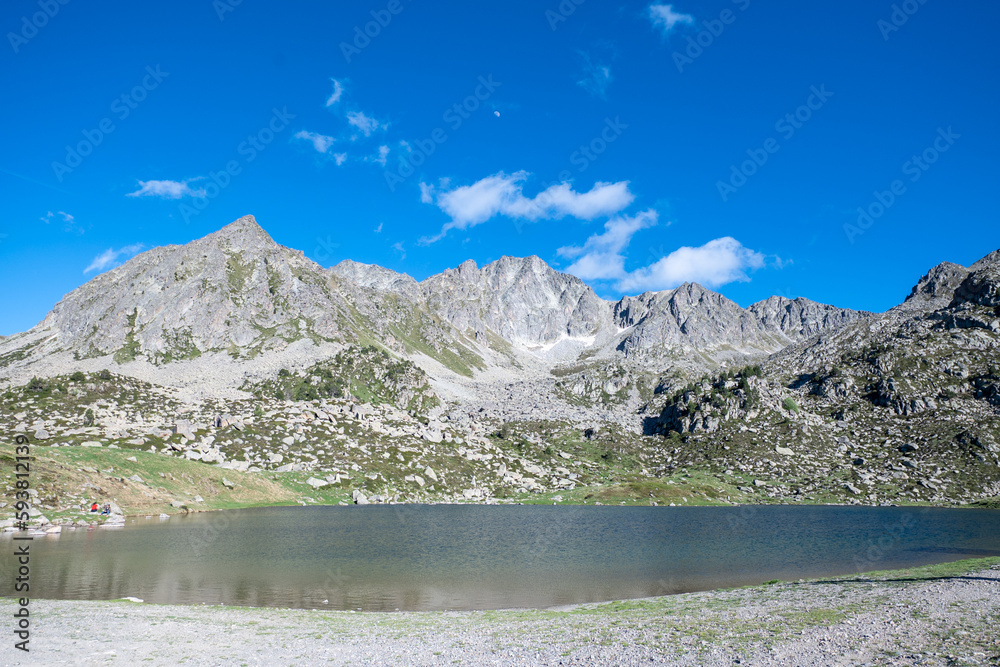 Las Abelletas lake in the city of Pas de la Casa, Encamp in Andorra in summer.