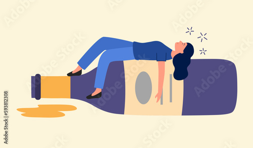 Drunk woman sleeping on wine bottle in flat design. Alcohol addiction. Alcoholic female.