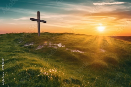 Christian cross standing atop a verdant green hill. Generative AI