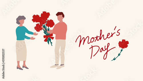 母の日に花束をプレゼントする子供のヘッダーイラスト素材 Header flat illustration of a child presenting a bouquet of flowers on Mother's Day.