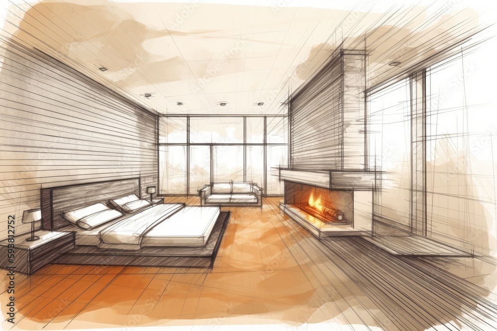 Fototapeta premium Cozy Bedroom with a Warm Fireplace as the Focal Point. Generative AI