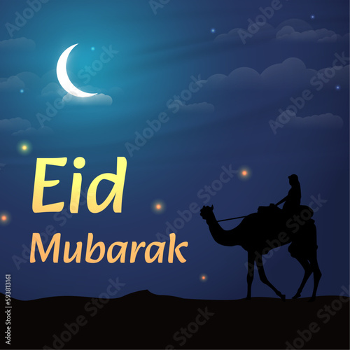 Eid Mubarak vector illustration. An Arabian riding camel in the beautiful night of rewards. Glowing fireflies in the desert during Ramadan night. Perfect design for Islamic concepts, posts, cards.