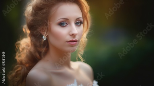 Fictional person, closeup illustration of wedding photo of Irish or Scottish bride woman with blurry bokeh background. Bridal portrait. Created using generative AI.