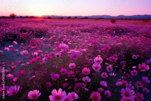 beautiful field of purple flowers during sunset. Generative AI