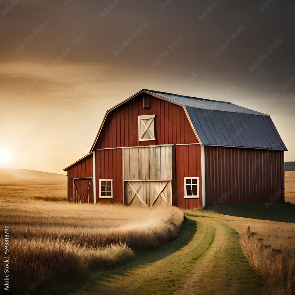 Obraz premium Rustic Barn at Golden Hour created by generative AI.