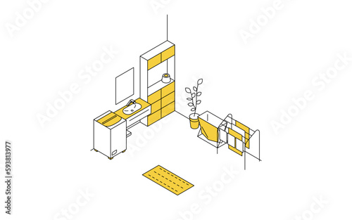 賃貸物件の部屋探し：ランドリールーム、洗濯機と洗面台のシンプルなアイソメトリック