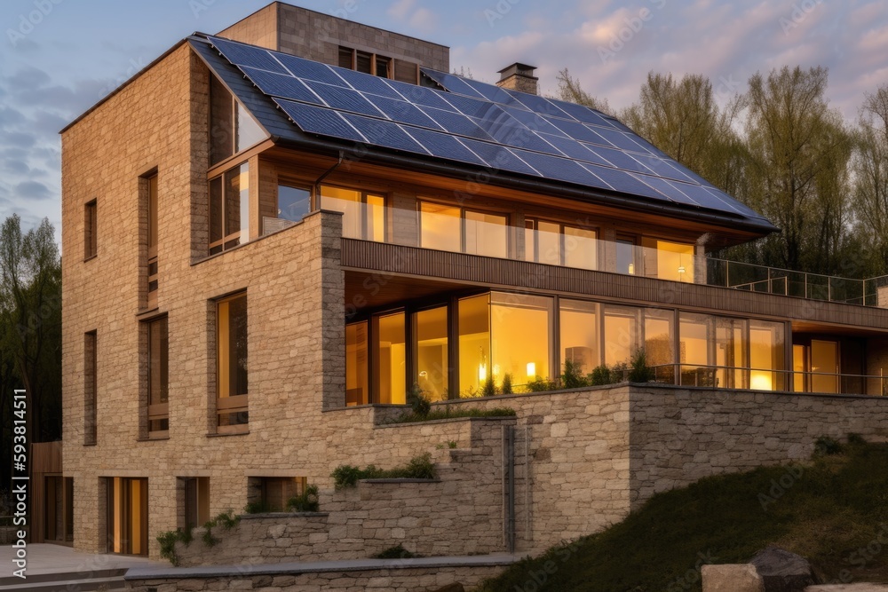 modern house powered by solar energy. Generative AI modern house powered by solar energy. Generative AI