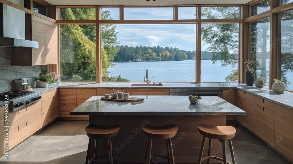 Interior Design of Kitchen with Large Windows Looking Out into a Lake